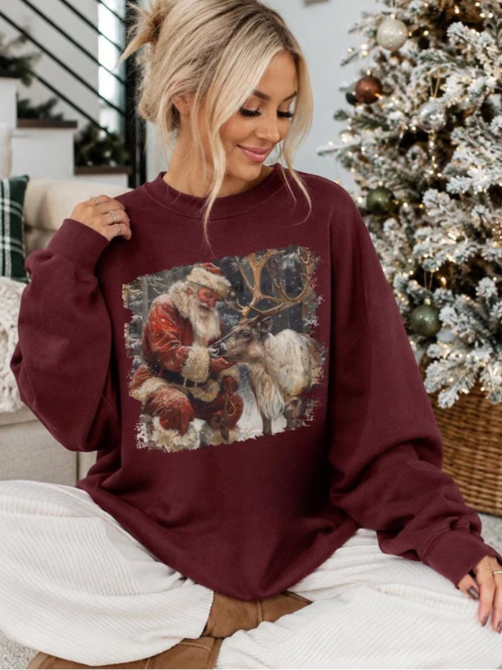 Gildan Red Women's Christmas Sweatshirt with Santa & Reindeer Art
